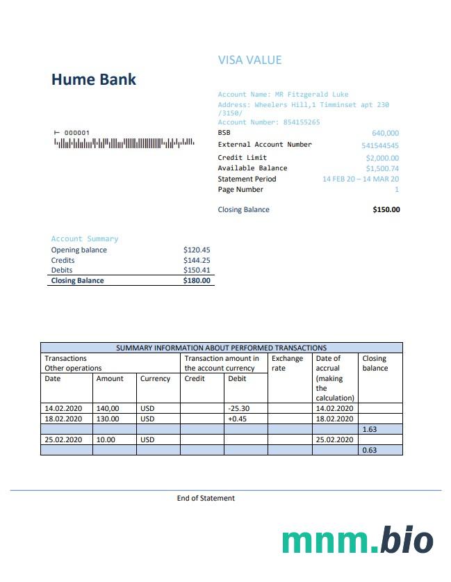 Australia Humebank wyciąg bankowy łatwy do wypełnienia szablon w formacie Excel i PDF